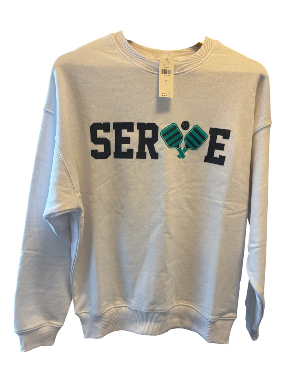 Beach Riot White Crewneck with Navy SERVE Lettering and Teal Paddle Graphic
